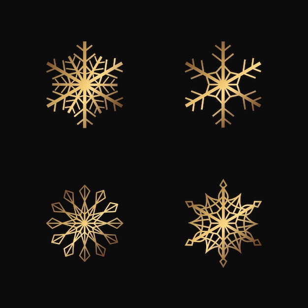 Vector copos de nieve dorados sobre fondo negro. Conjunto de escamas de contorno aislado. Colección de oro para decoración de invierno.