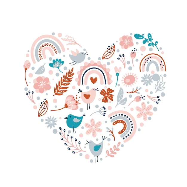 Vector corazón de san valentín de verano floral.