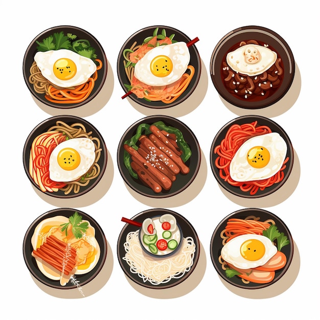 Vector coreano menú de ilustración asiática conjunto restaurante tradicional cocina de comida coreana comida