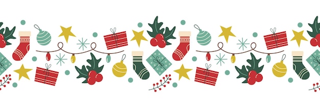 Vector sin costura borde de Navidad guirnalda acebo regalos decoraciones sobre un fondo blanco