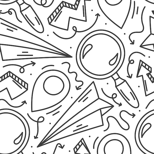 Vector vector sin costuras doodle patrón de viaje símbolos de aventura lupa papel avión geotag