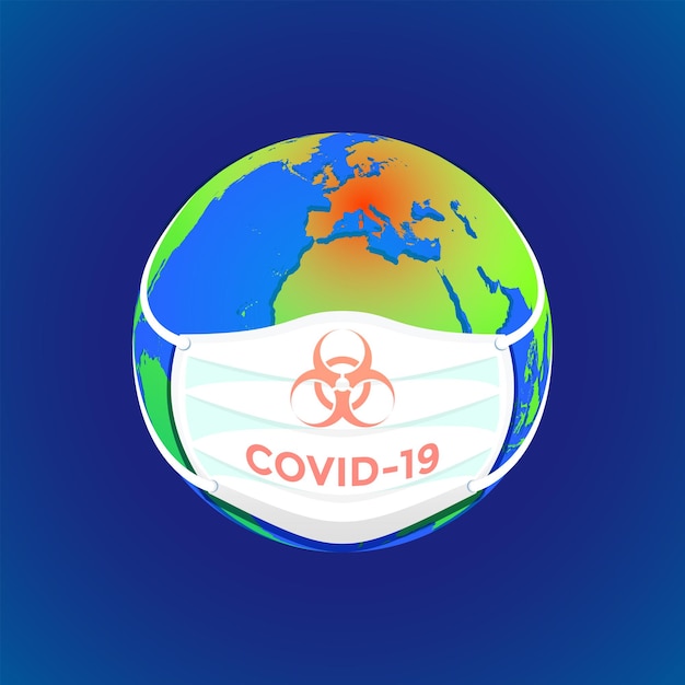 Vector vector covid-19 virus enfermo la tierra europa concepto de coronavirus pandémico signo de riesgo biológico médico ilustración de dibujos animados de globo enmascarado aislado fondo oscuro