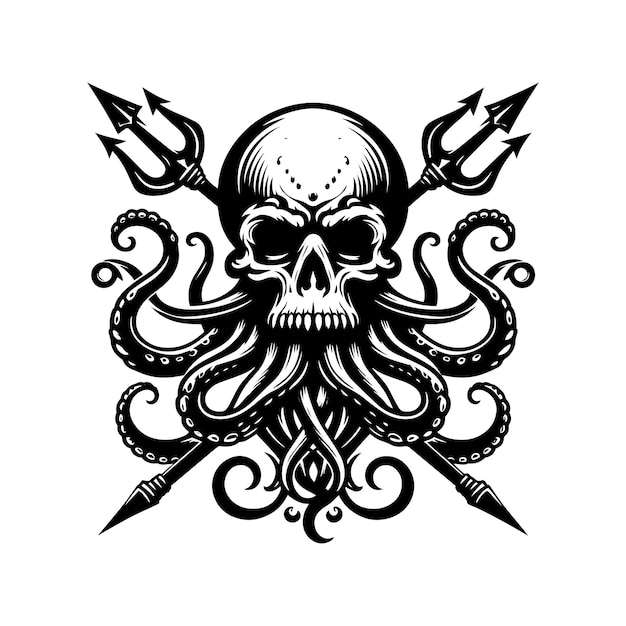 Vector cráneo de cabeza de Kraken con dos plantillas de logotipo de lanza