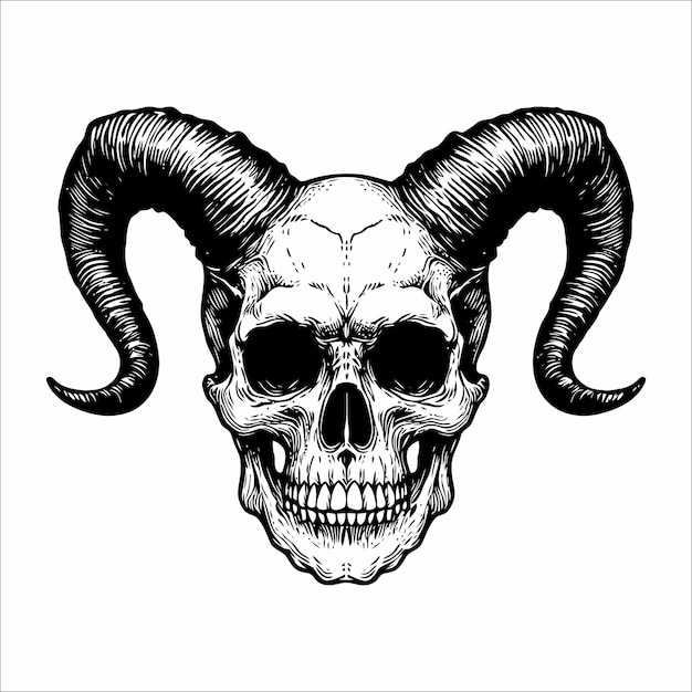 Vector cráneo con cuernos vintage dibujado a mano en blanco y negro