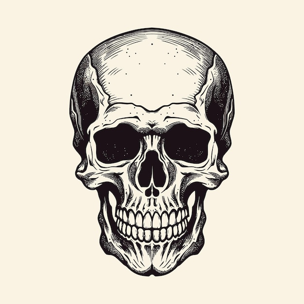 Vector de cráneo humano vintage en fondo blanco con silueta de cráneo dibujada a mano