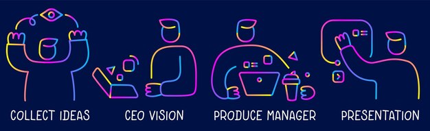 Vector creativo conjunto de colores de neón de la ilustración del hombre de negocios que trabaja en la computadora portátil sobre un fondo oscuro con texto. Diseño gráfico de estilo de tendencia de arte de línea para web, sitio, banner, cartel, presentación
