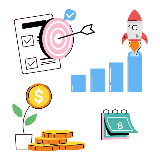 Vector de crecimiento financiero Conjunto de datos en aumento Crecimiento de la planta de dinero y logro de los objetivos Ilustración