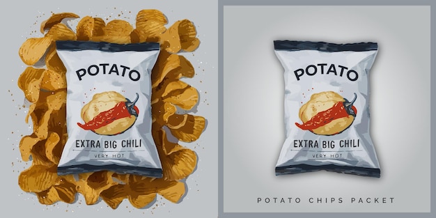 Vector vector crispy hot big chili chips de patata diseño de bolsa de paquete