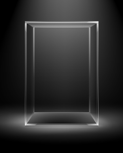 Vector cubo de rectángulo de caja de vidrio transparente vacía en negro oscuro con luz de fondo