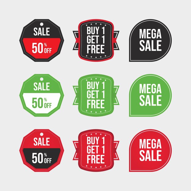 Vector de cupón de descuento de venta. Oferta 50% de descuento en insignia con color verde, negro y rojo. Compre uno y llévese otro gratis. Juego de insignias de mega venta. Insignia de ventas verde, negra y roja. Juego de etiquetas de mega venta.