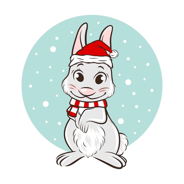 Vector Cute Funny Rabbit Hare con sombrero de Papá Noel y pañuelo Línea de arte Icon de diseño de conejo plantilla