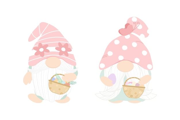 Vector vector cute gnome sosteniendo una cesta con muchos huevos temporada de pascua concepto de vacaciones color pastel