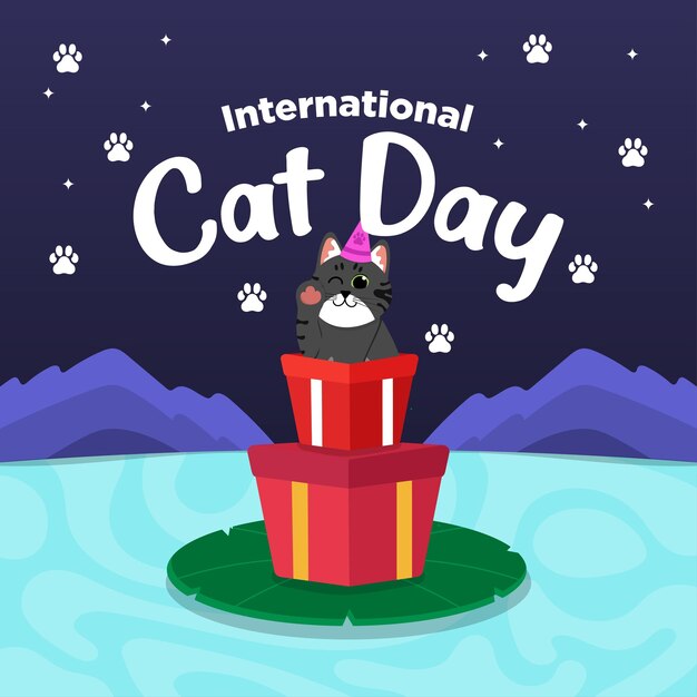 Vector Cute International Cat Day Flat Hand Drawn tema Gato en Lotus 2 Ilustración