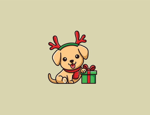 Vector Cute Puppy en un entorno amarillo minimalista con disfraz de Año Nuevo y regalo