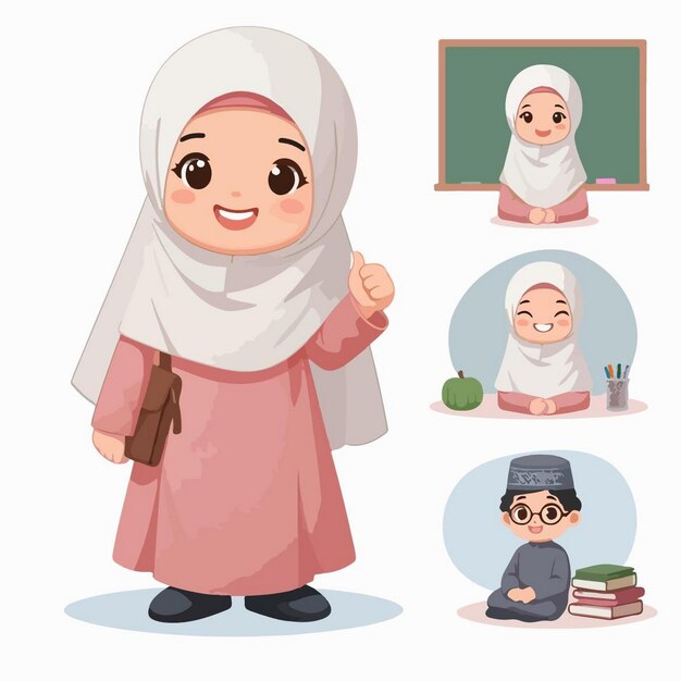 Vector Cutios niños musulmanes Ramadán en estilo de diseño plano de dibujos animados