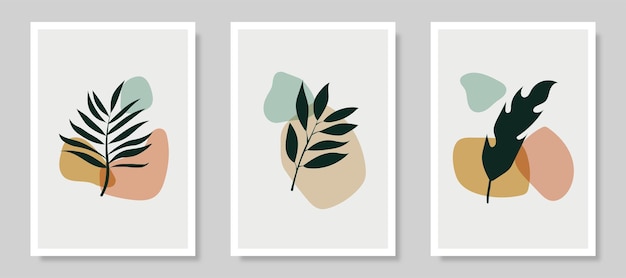 Vector de decoración de pared set imagen artística de formas abstractas y hojas de plantas