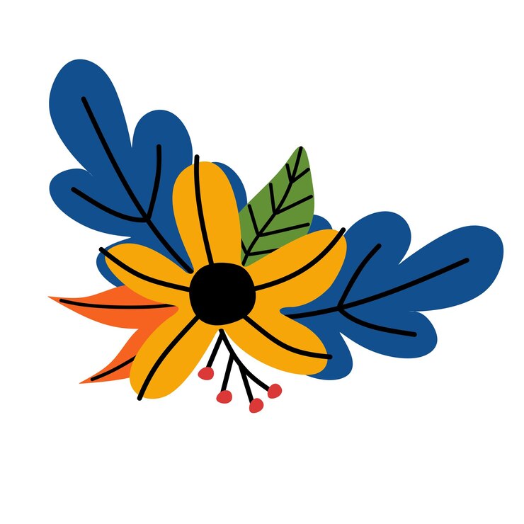 Vector decorativo de flor amarilla retro dibujada a mano con hojas azules