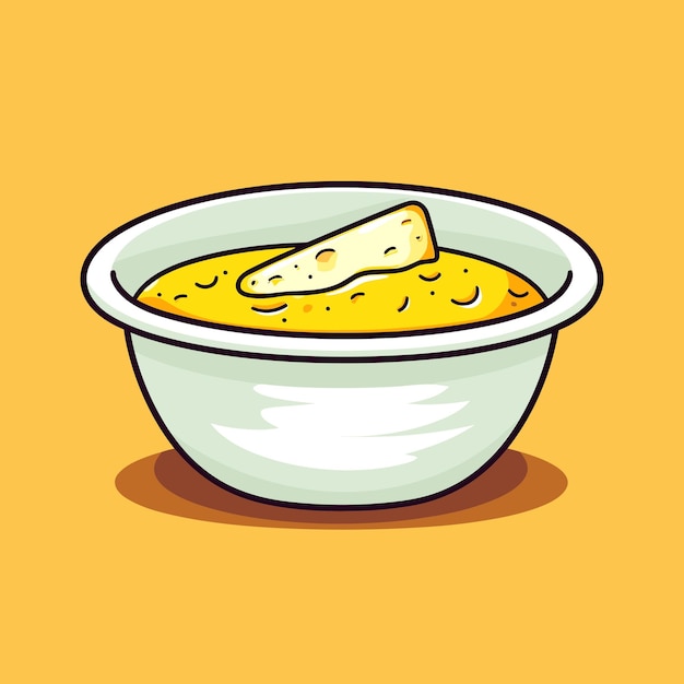 Vector vector de un delicioso tazón de sopa con un pedazo de pan perfectamente tostado