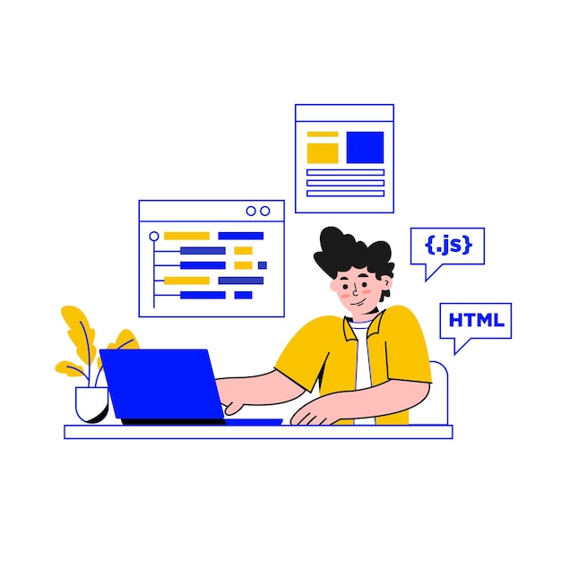 Vector de desarrollador hombre desarrollando programa en su escritorio