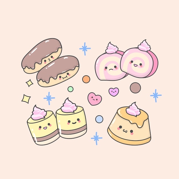 Vector Dessert Cake Roll Churos con expresiones faciales lindas y color pastel