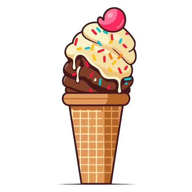 Vector detallado de helado con chocolate y vainilla en un icono de cono de waffle perfecto