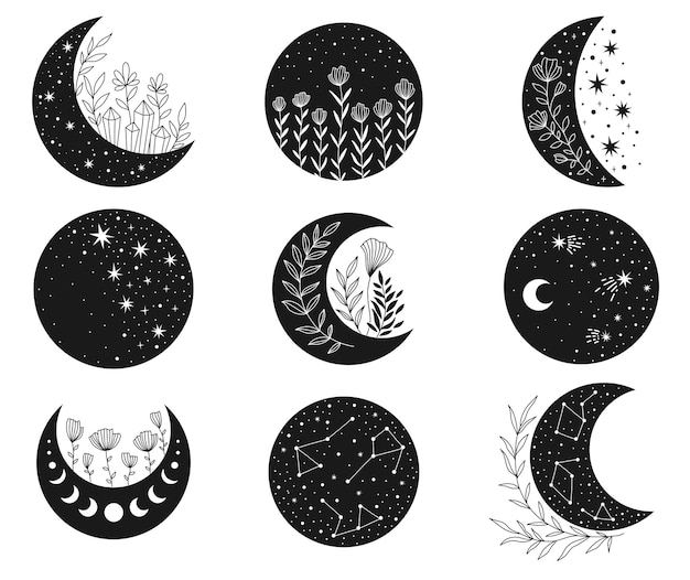 Vector vector dibujado a mano colección celestial para decoración imágenes prediseñadas de luna constelación de estrellas de media luna