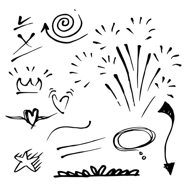 Vector dibujado a mano colección de elementos de diseño. silbidos rizados, swoops, remolino, flecha, corazón, amor, corona, flor, estrella, fuegos artificiales, texto resaltado y elemento de énfasis. uso para el diseño de concepto