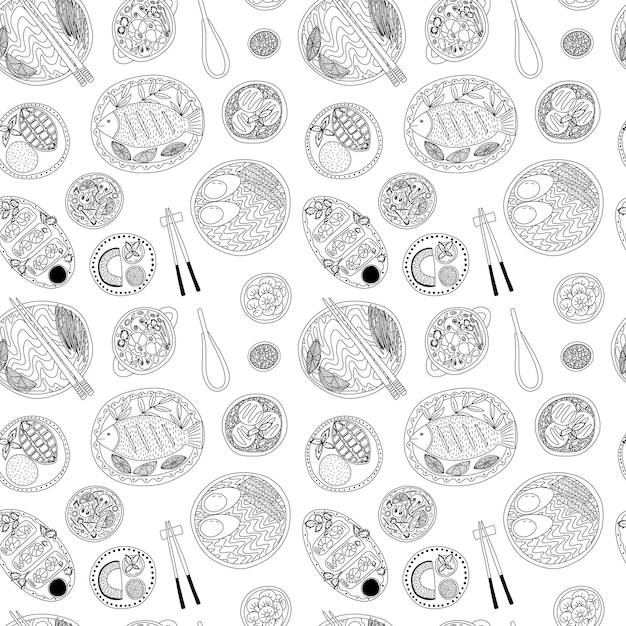 Vector dibujado a mano comida tailandesa de patrones sin fisuras Diferentes platos tailandeses patrón sobre fondo blanco