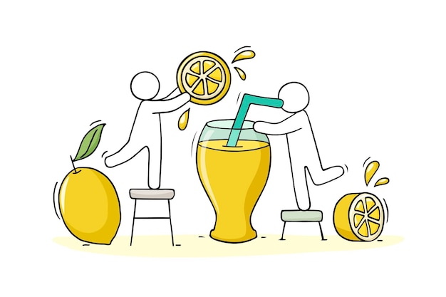 Vector vector dibujado a mano concepto de comida personas haciendo limonada ilustración de dibujos animados sobre el verano y bebidas saludables