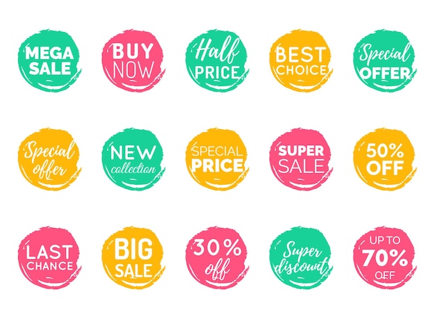 Vector dibujado a mano conjunto de burbujas de discurso con frases de venta Colección de tarjetas de descuento Comprar ahoraMitad de precioÚltima oportunidad, etc.