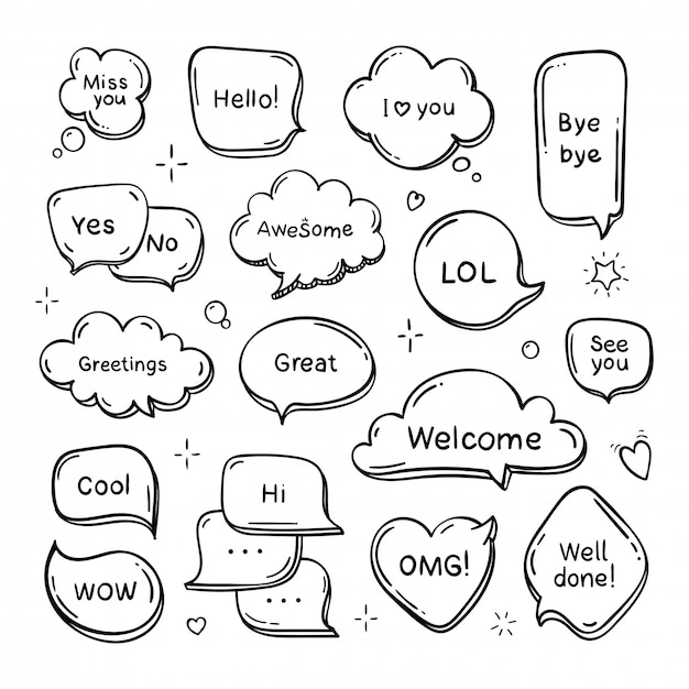 Vector dibujado a mano conjunto de burbujas de discurso con palabras. Doodle nube de sueños. Ilustración de línea