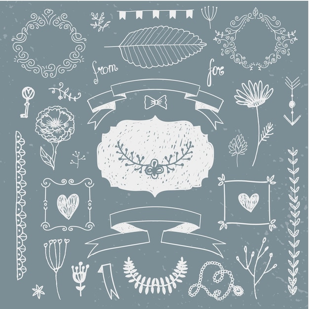 Vector dibujado a mano doodle conjunto romántico. Ilustración lineal: flores, coronas, divisores, marcos, hojas. Se utiliza para decoración, invitaciones de boda, embalaje de tarjetas de cumpleaños, etc.
