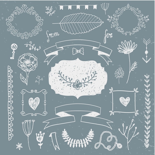 Vector dibujado a mano doodle conjunto romántico. ilustración lineal: flores, coronas, divisores, marcos, hojas. se utiliza para decoración, invitaciones de boda, embalaje de tarjetas de cumpleaños, etc.