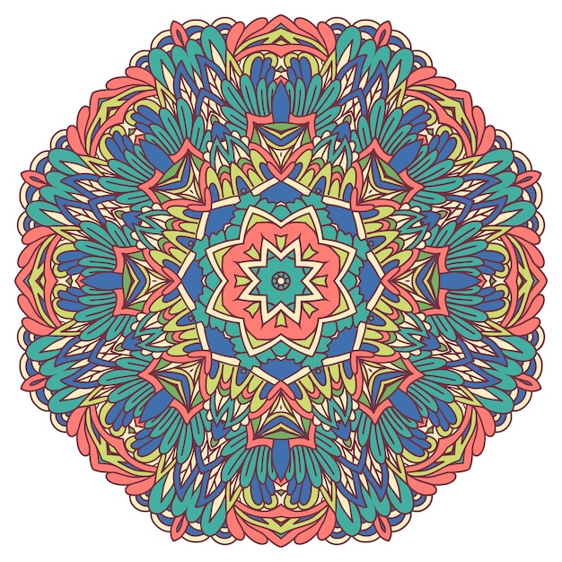 Vector dibujado a mano doodle mandala flor de estrella étnica con adornos coloridos en estilo doodle