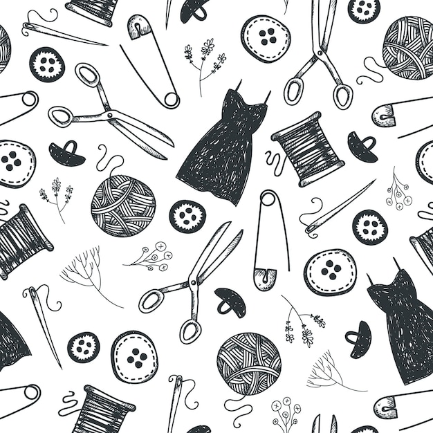 Vector dibujado a mano doodle de patrones sin fisuras en blanco y negro Fondo de herramientas de costura de moda Uso para envoltura de impresión babric Dibujos animados hechos a mano varios elementos de boceto
