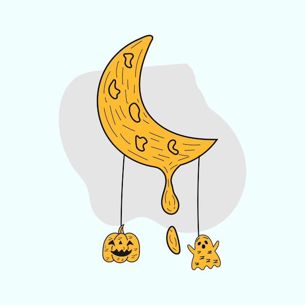 Vector vector dibujado a mano de estilo garabato de luna de noche de halloween, boceto de dibujo