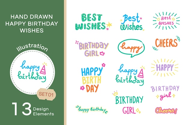 Vector dibujado a mano Feliz cumpleaños deseos tipografía Set1