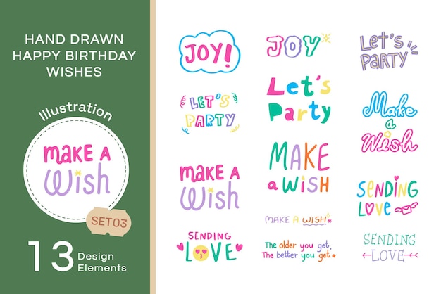 Vector dibujado a mano Feliz cumpleaños deseos tipografía Set3