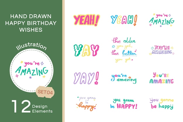 Vector dibujado a mano Feliz cumpleaños deseos tipografía Set4