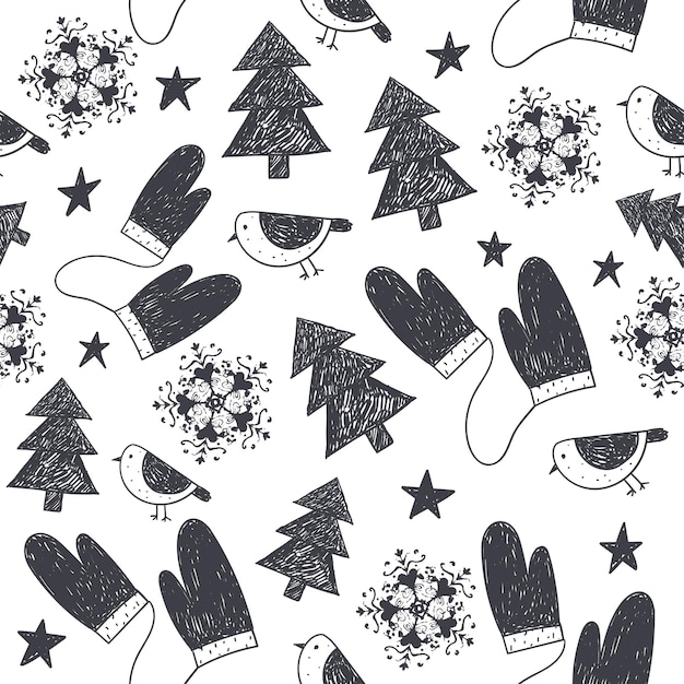Vector dibujado a mano sin fisuras patrón de invierno de Navidad, fondo. Copos de nieve, pájaros, guantes, estrellas, ilustración de árboles de Navidad. En blanco y negro