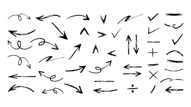 Vector dibujado a mano garabateado Crayón tiza garabateado Flecha Crayón flecha Línea pincel Conjunto Subrayado Marca manuscrita Elementos de comprobación Marcador Esbozo Pincel Textura Tiza áspera Ilustración vectorial