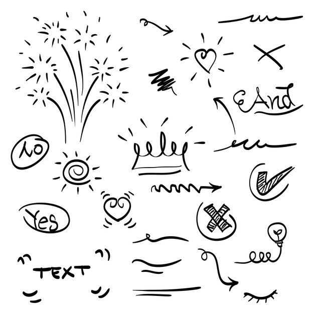 Vector dibujado a mano garabatos colección de flechas rizadas swishes swoops remolino corazón amor corona fuegos artificiales resaltar texto y énfasis elemento uso para el diseño conceptual