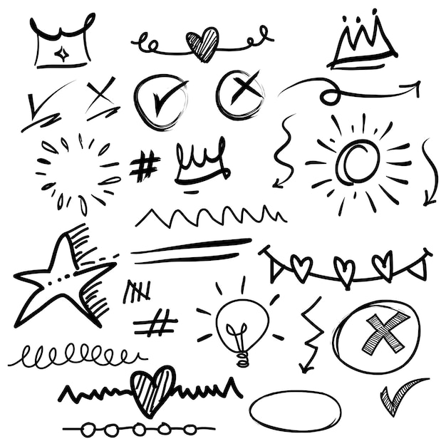 Vector dibujado a mano garabatos colección de flechas rizadas swishes swoops remolino corazón amor corona fuegos artificiales resaltar texto y énfasis elemento uso para el diseño conceptual