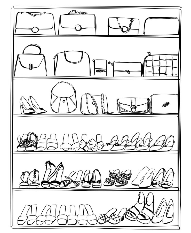 Vector dibujado a mano Ilustración de accesorios de moda de mujer Zapatos y bolsos en estante Sketch