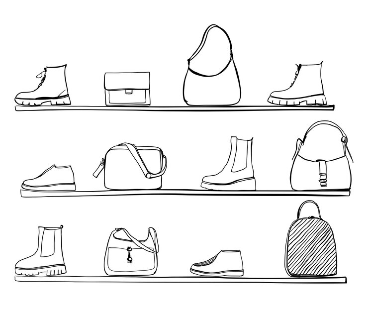 Vector dibujado a mano Ilustración de accesorios de moda de mujer Zapatos y bolsos en estante