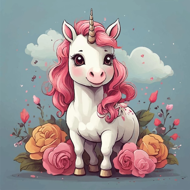 Vector dibujado a mano ilustración de dibujos animados de unicornio