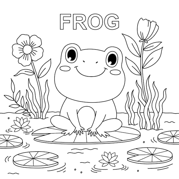 Vector dibujado a mano ilustración de libro de colorear rana linda para niños