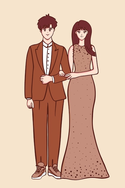 vector dibujado a mano ilustración de pareja novia y novio concepto marrón