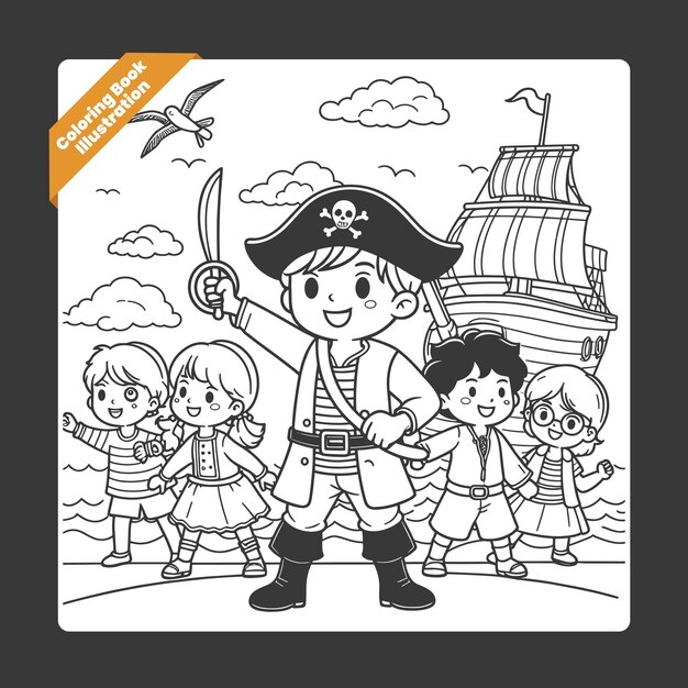 Vector dibujado a mano kawaii libro de colorear ilustración de niños piratas