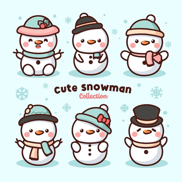 Vector vector dibujado a mano linda colección de personajes de muñeco de nieve